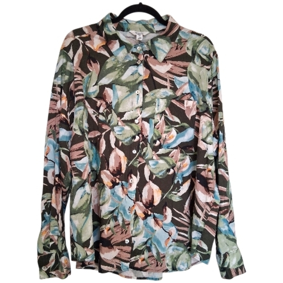 C By One Tops - C by One Tropical Floral Linen Blend Button Up Shirt Size 2X